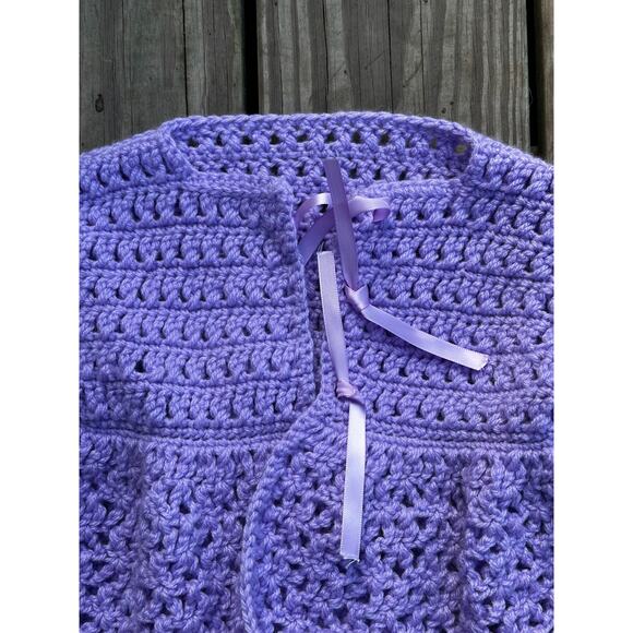 Handmade Crochet Baby Cardigan Sweater Lilac Purple Ribbon Tie Vintage Style - Picture 2 of 4